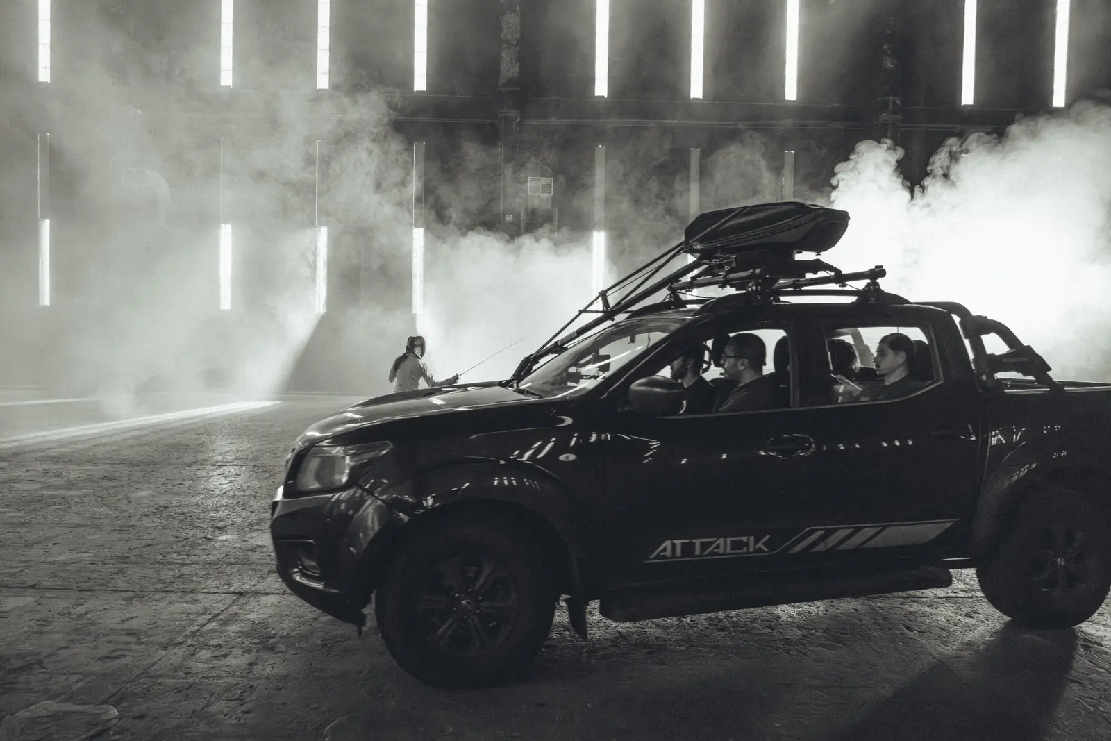 Voga’s pickup with the camera car crane mounted, on the Hyundai Kona set